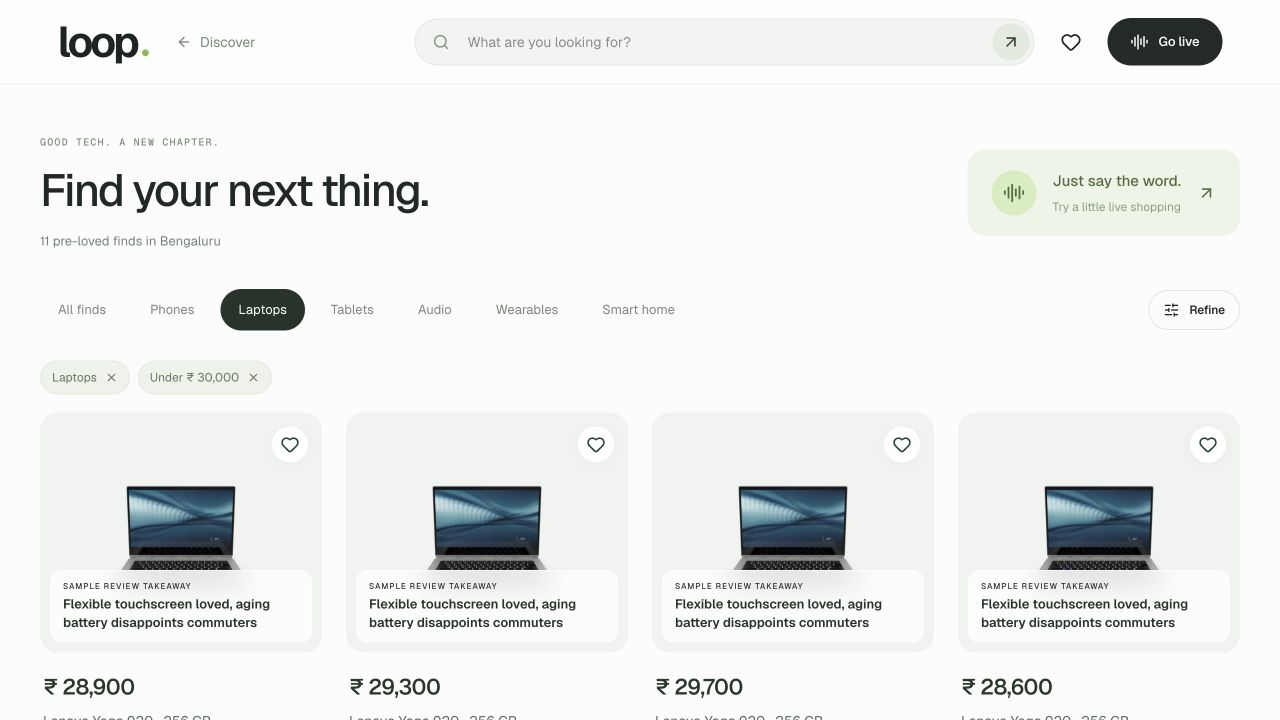 The live storefront filtered to laptops under ₹30,000, showing 11 sample listings.