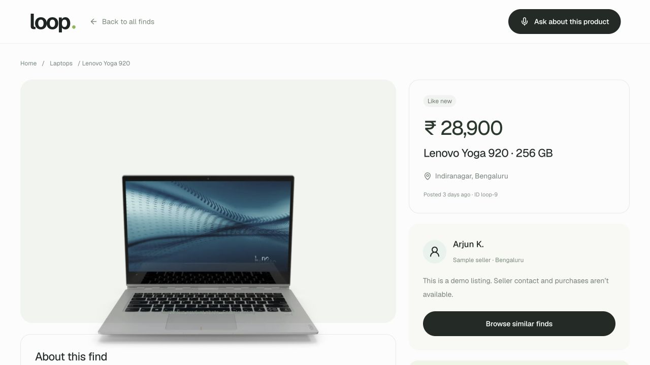 A Lenovo Yoga 920 sample product page with price, condition, product photo, and an Ask about this product link.