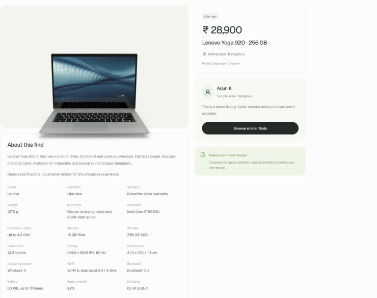 Illustrative Lenovo Yoga review panel showing touchscreen benefits and battery-life trade-offs, clearly labeled as generated demo reviews.