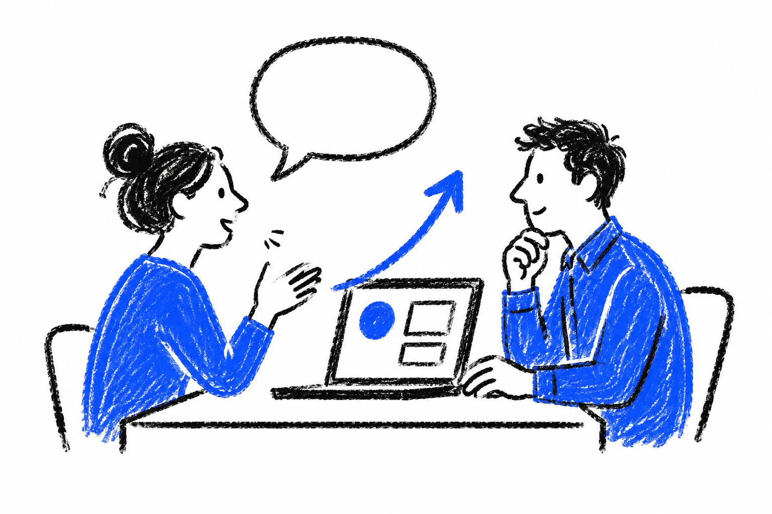 Loose crayon drawing of two people discussing a product at a laptop, with a cobalt launch arrow.