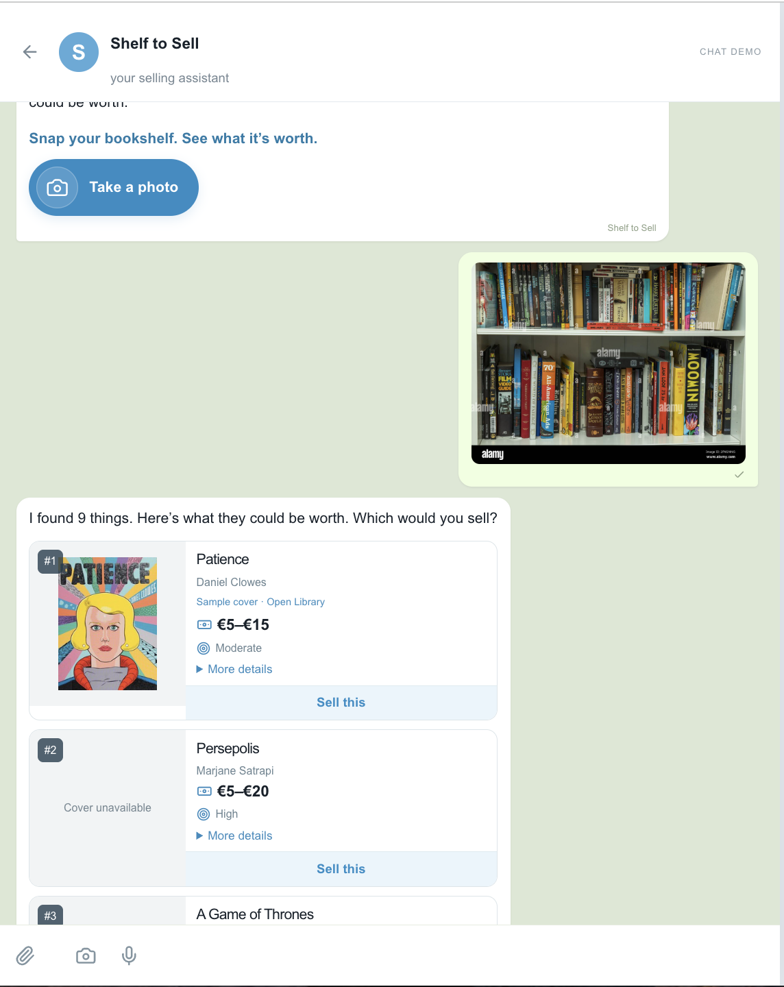Shelf to Sell chat inviting the user to take a photo of a bookshelf.