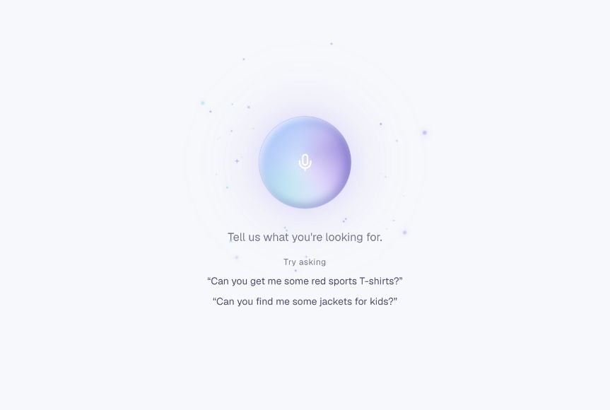 Surface voice-shopping homepage with the orb and example requests for T-shirts and jackets.
