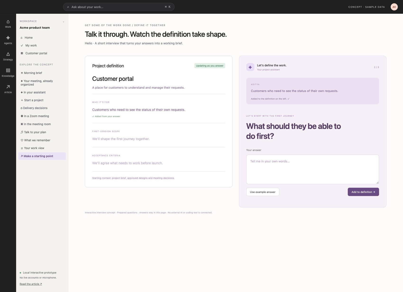 Interview conversation builds a live project definition