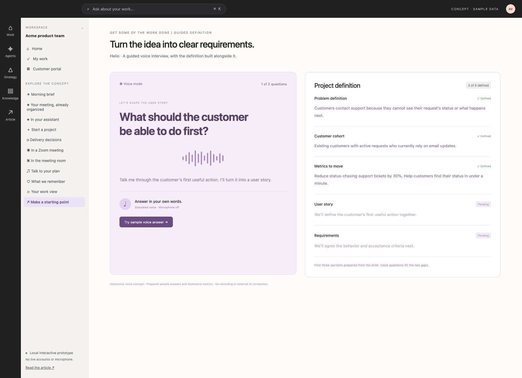 Voice question on the left with three defined sections and two pending sections on the right