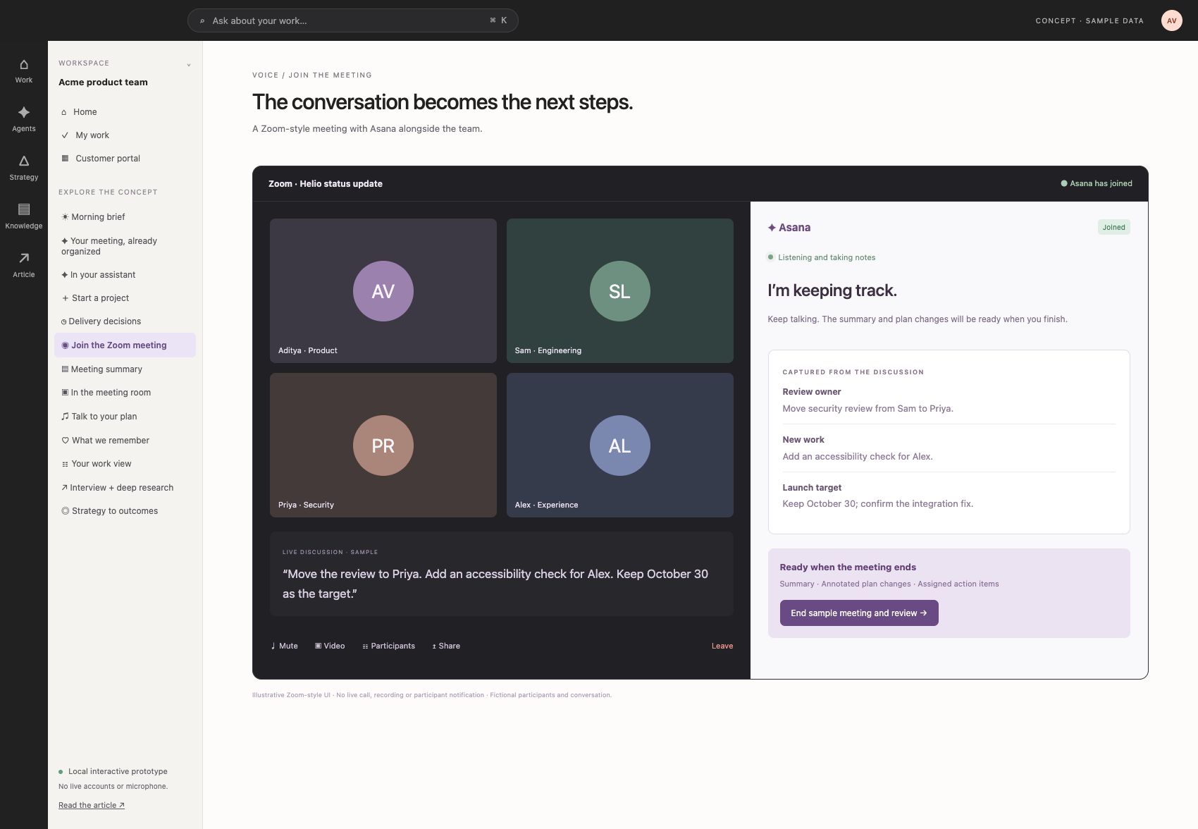 Asana joins a Zoom-style meeting and takes notes during the discussion.