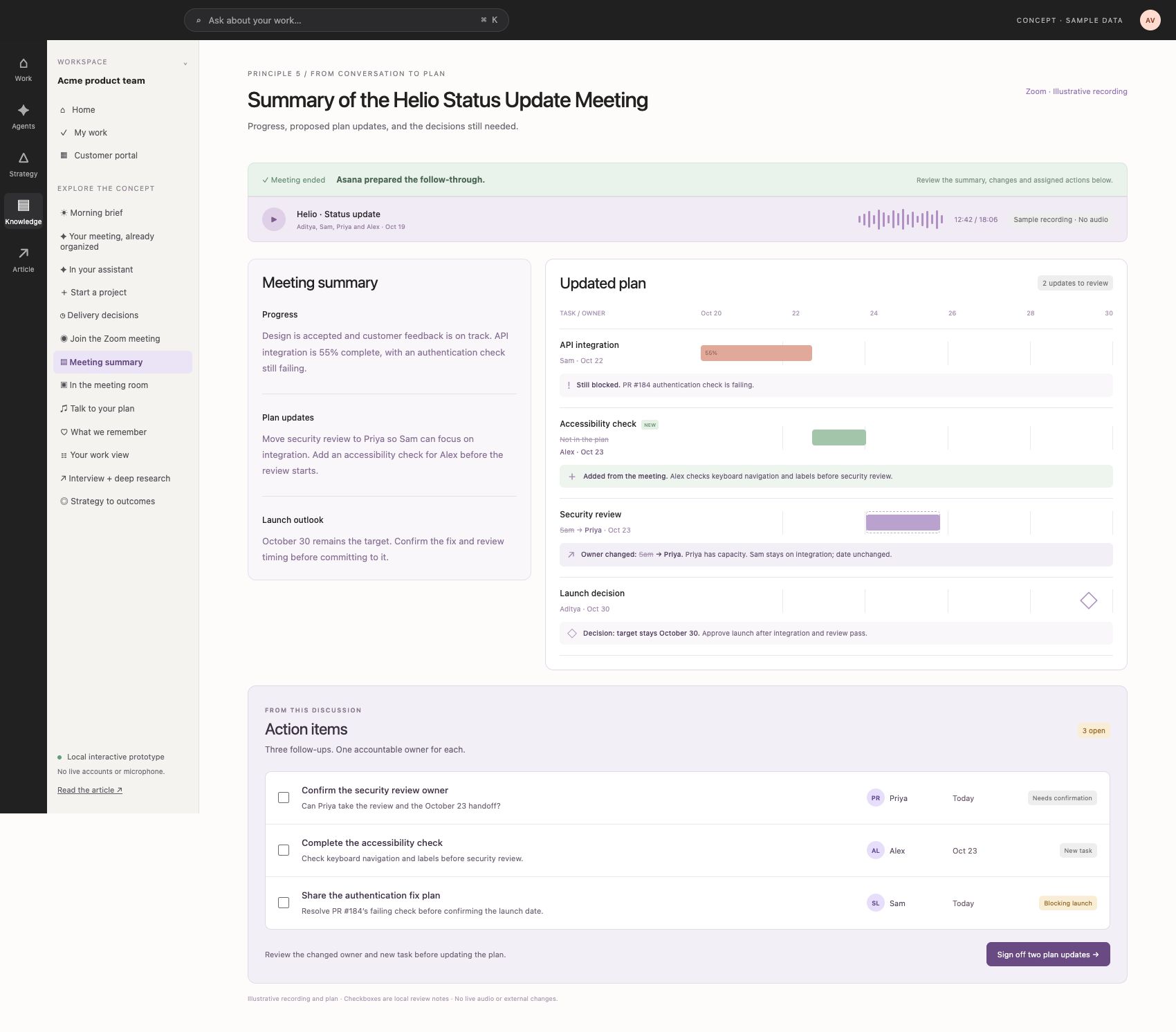 Compact meeting recording, summary and key decisions beside an annotated Gantt with struck-out owner and change comments