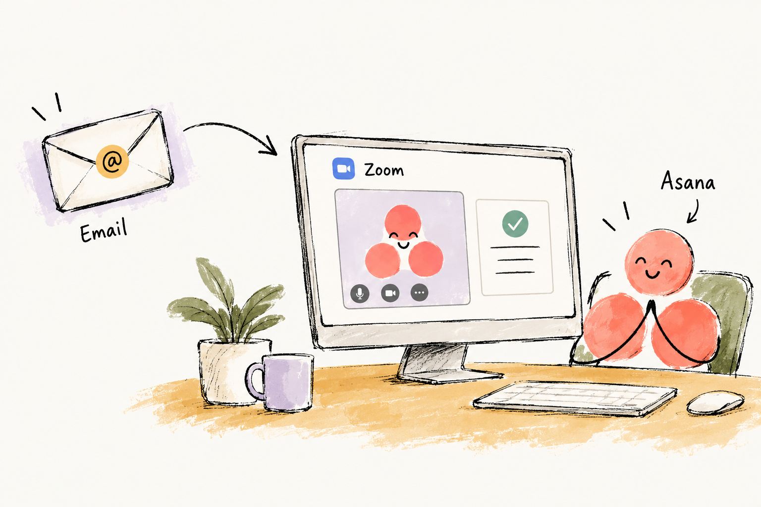 Asana receives an email and gets ready to join Zoom.
