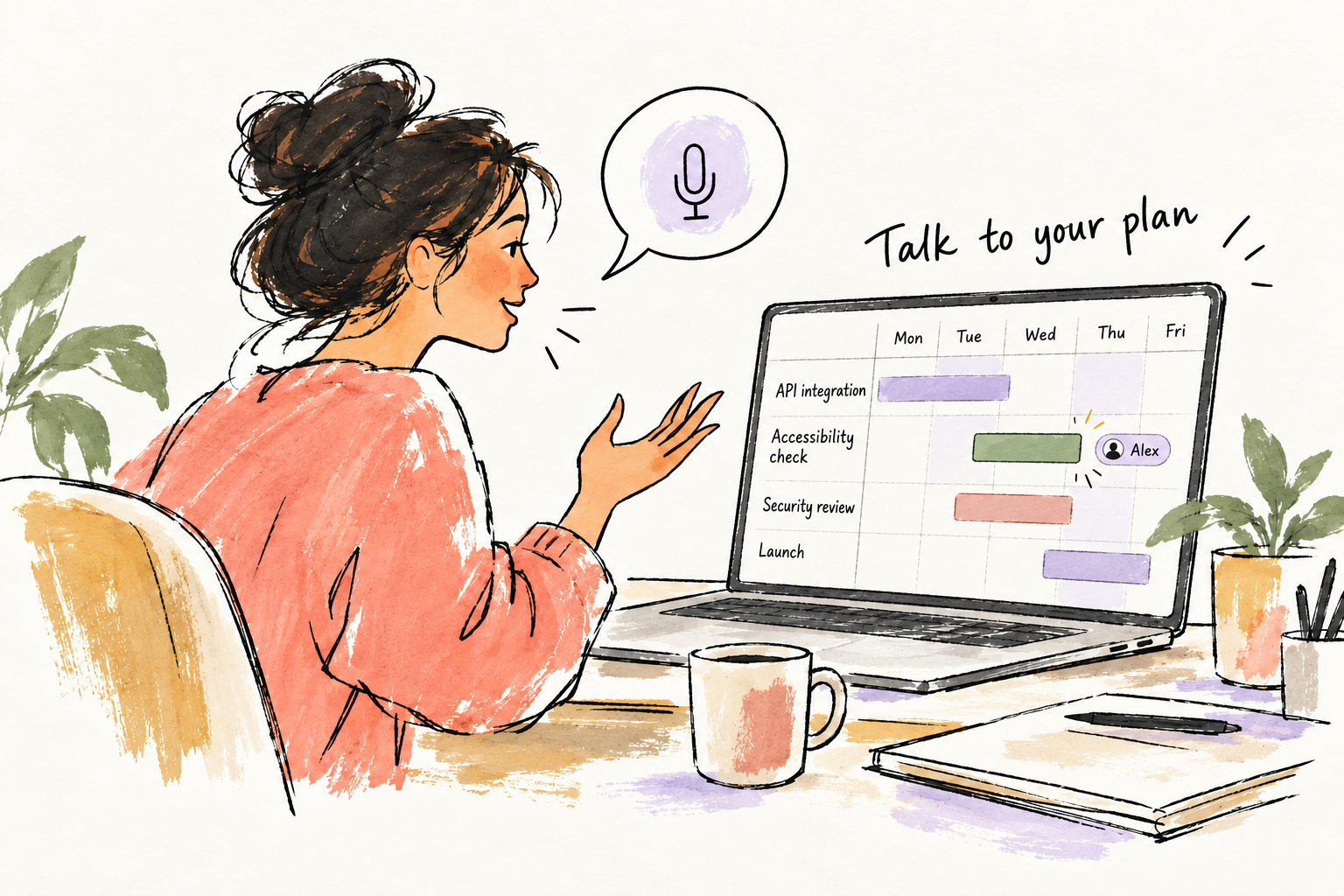 A person speaks while a Gantt chart updates with a new task.